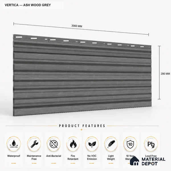 Ashwood Grey 10 ft x 8.2 inch Vertica Design Interior & Exterior Wall & Ceiling Panel - 20 mm | Suitable for Balcony, Facade & Open Area | Width is Subjected to 5% Variation