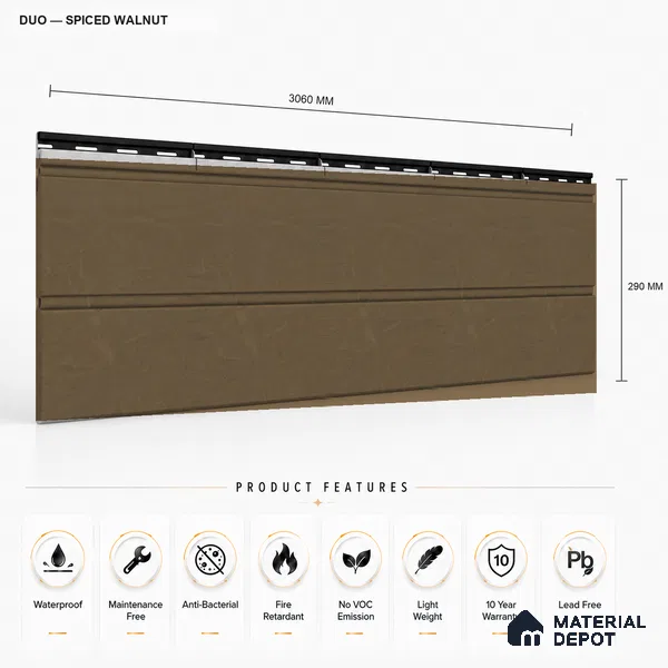 Spiced Walnut 10 ft x 1 ft (3060x340 mm) Duo Design Interior & Exterior Wall & Ceiling Panel - 12 mm | Suitable for Balcony, Facade & Open Area | Width is Subjected to 5% Variation