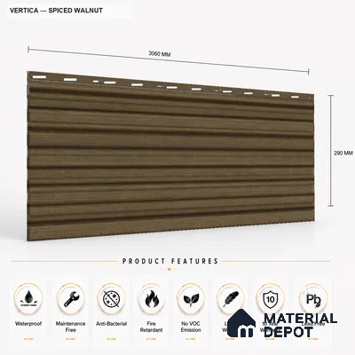 Spiced Walnut 10 ft x 8.2 inch Vertica Design Interior & Exterior Wall & Ceiling Panel - 20 mm | Suitable for Balcony, Facade & Open Area | Width is Subjected to 5% Variation