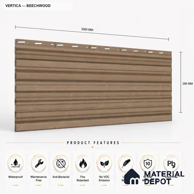Beech Wood 10 ft x 8.2 inch Vertica Design Interior & Exterior Wall & Ceiling Panel - 20 mm | Suitable for Balcony, Facade & Open Area | Width is Subjected to 5% Variation