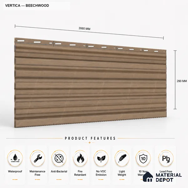 Beech Wood 10 ft x 8.2 inch Vertica Design Interior & Exterior Wall & Ceiling Panel - 20 mm | Suitable for Balcony, Facade & Open Area | Width is Subjected to 5% Variation