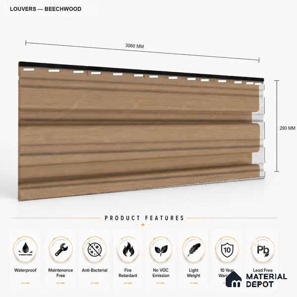 Beech Wood 10 ft x 0.86 ft (3060x265 mm) Louvers Design Interior & Exterior Wall & Ceiling Panel - 14 mm | Suitable for Balcony, Facade & Open Area | Width is Subjected to 5% Variation
