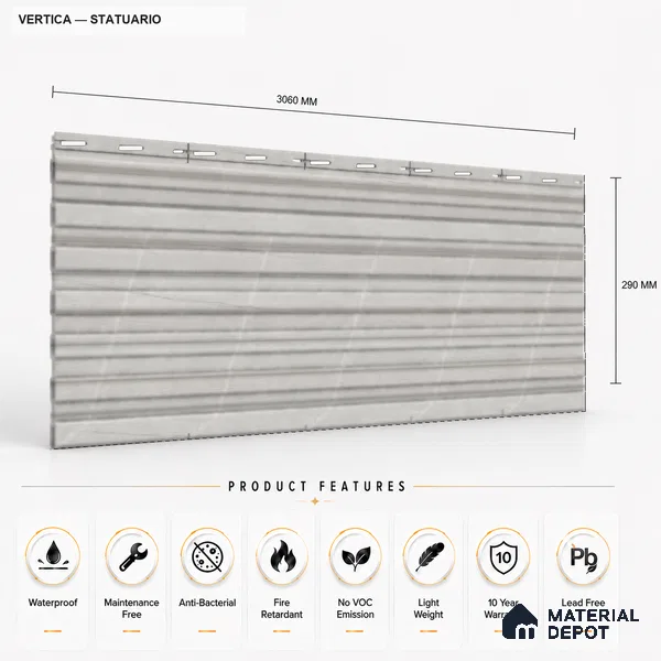 Statuario 10 ft x 8.2 inch Vertica Design Interior & Exterior Wall & Ceiling Panel - 20 mm | Suitable for Balcony, Facade & Open Area | Width is Subjected to 5% Variation