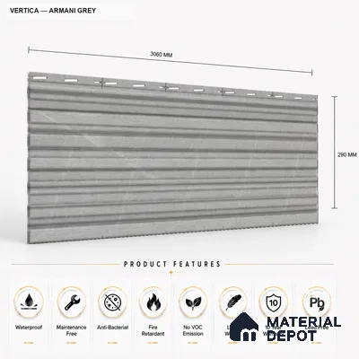 Armani Grey 10 ft x 8.2 inch Vertica Design Interior & Exterior Wall & Ceiling Panel - 20 mm | Suitable for Balcony, Facade & Open Area | Width is Subjected to 5% Variation