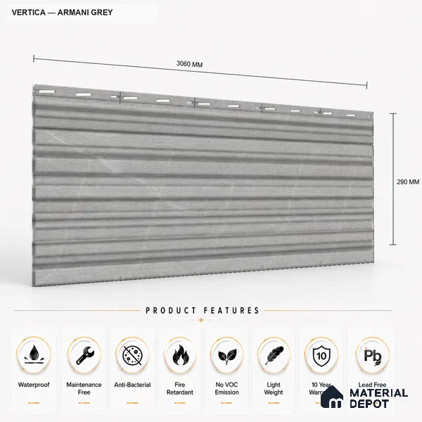 Armani Grey 10 ft x 8.2 inch Vertica Design Interior & Exterior Wall & Ceiling Panel - 20 mm | Suitable for Balcony, Facade & Open Area | Width is Subjected to 5% Variation