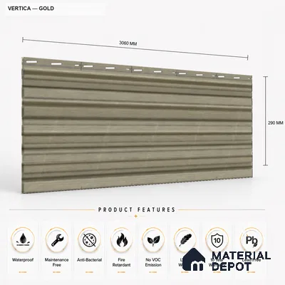 Gold 10 ft x 8.2 inch Vertica Design Interior & Exterior Wall & Ceiling Panel - 20 mm | Suitable for Balcony, Facade & Open Area | Width is Subjected to 5% Variation