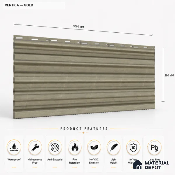 Gold 10 ft x 8.2 inch Vertica Design Interior & Exterior Wall & Ceiling Panel - 20 mm | Suitable for Balcony, Facade & Open Area | Width is Subjected to 5% Variation