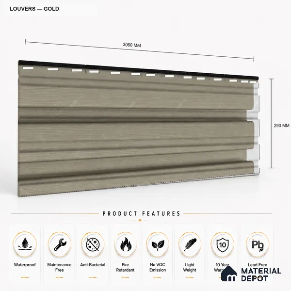 Gold 10 ft x 0.86 ft (3060x265 mm) Louvers Design Interior & Exterior Wall & Ceiling Panel - 14 mm | Suitable for Balcony, Facade & Open Area | Width is Subjected to 5% Variation