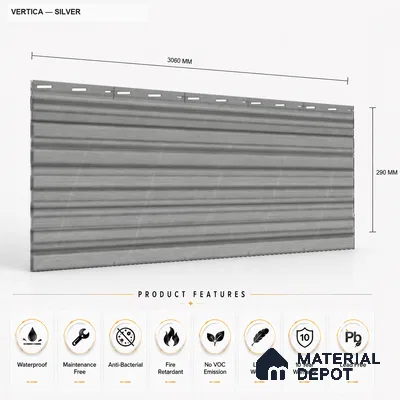 Silver 10 ft x 8.2 inch Vertica Design Interior & Exterior Wall & Ceiling Panel - 20 mm | Suitable for Balcony, Facade & Open Area | Width is Subjected to 5% Variation