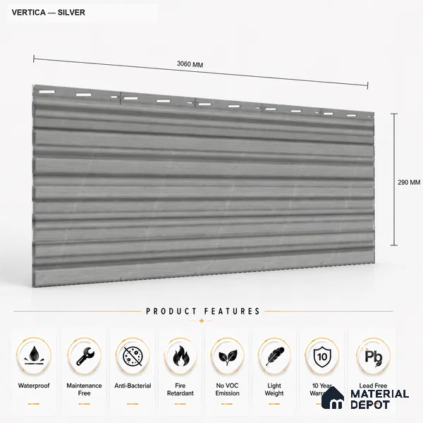 Silver 10 ft x 8.2 inch Vertica Design Interior & Exterior Wall & Ceiling Panel - 20 mm | Suitable for Balcony, Facade & Open Area | Width is Subjected to 5% Variation
