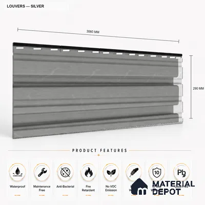 Silver 10 ft x 0.86 ft (3060x265 mm) Louvers Design Interior & Exterior Wall & Ceiling Panel - 14 mm | Suitable for Balcony, Facade & Open Area | Width is Subjected to 5% Variation