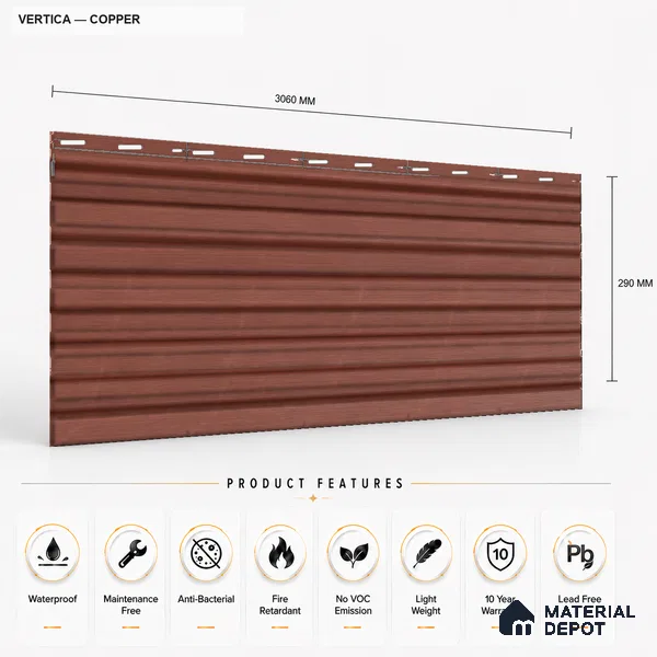 Copper 10 ft x 8.2 inch Vertica Design Interior & Exterior Wall & Ceiling Panel - 20 mm | Suitable for Balcony, Facade & Open Area | Width is Subjected to 5% Variation