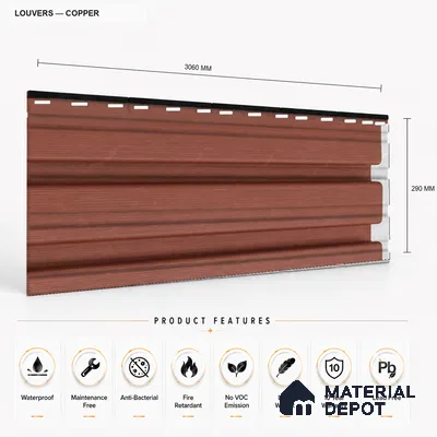 Copper 10 ft x 0.86 ft (3060x265 mm) Louvers Design Interior & Exterior Wall & Ceiling Panel - 14 mm | Suitable for Balcony, Facade & Open Area | Width is Subjected to 5% Variation
