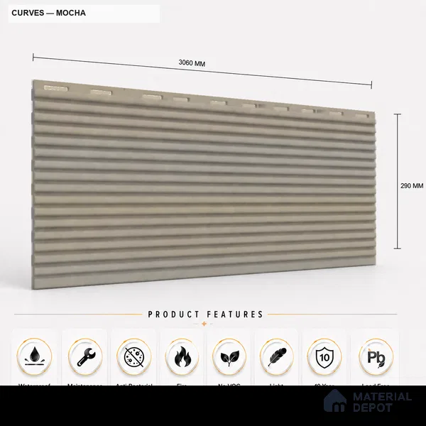 Mocha 10 ft x 0.68 ft (3060x208 mm) Curve Design Interior & Exterior Wall & Ceiling Panel - 10 mm | Suitable for Balcony, Facade & Open Area | Width is Subjected to 5% Variation