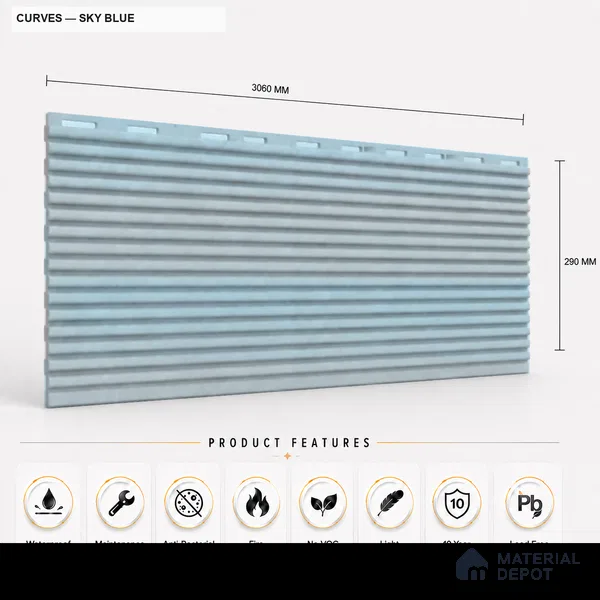Sky Blue 10 ft x 0.68 ft (3060x208 mm) Curve Design Interior & Exterior Wall & Ceiling Panel - 10 mm | Suitable for Balcony, Facade & Open Area | Width is Subjected to 5% Variation