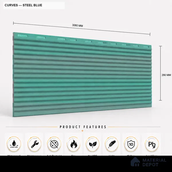 Steel Blue 10 ft x 0.68 ft (3060x208 mm) Curve Design Interior & Exterior Wall & Ceiling Panel - 10 mm | Suitable for Balcony, Facade & Open Area | Width is Subjected to 5% Variation