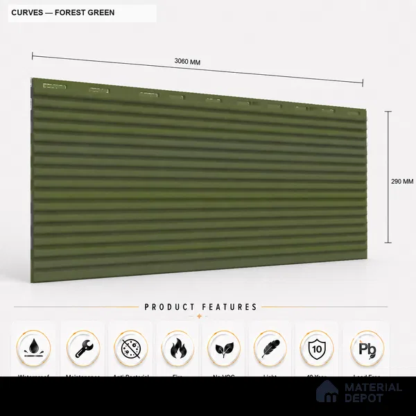 Forest Green 10 ft x 0.68 ft (3060x208 mm) Curve Design Interior & Exterior Wall & Ceiling Panel - 10 mm | Suitable for Balcony, Facade & Open Area | Width is Subjected to 5% Variation