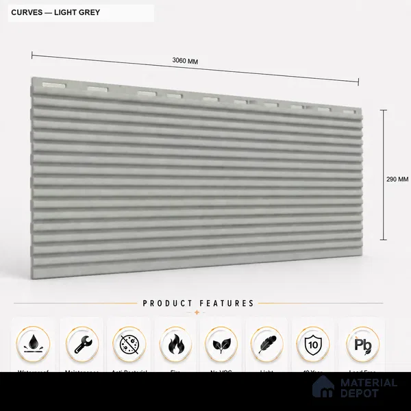 Light Grey 10 ft x 0.68 ft (3060x208 mm) Curve Design Interior & Exterior Wall & Ceiling Panel - 10 mm | Suitable for Balcony, Facade & Open Area | Width is Subjected to 5% Variation