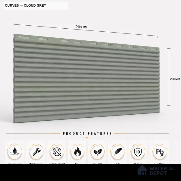 Cloud Grey 10 ft x 0.68 ft (3060x208 mm) Curve Design Interior & Exterior Wall & Ceiling Panel - 10 mm | Suitable for Balcony, Facade & Open Area | Width is Subjected to 5% Variation