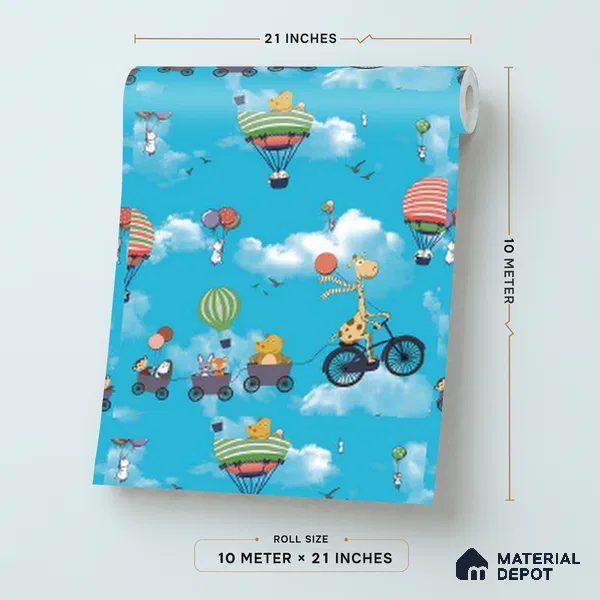 KD4001-4 | Sky Blue Hot Air Balloon Parade Non Woven Kids Room Wallpaper - 10 Meter x 21 Inches, 57.41 Sq. Ft. (Min. 15% Wastage)