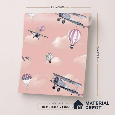 KD4012-3 | Blush Pink Airplane & Balloon Non Woven Kids Room Wallpaper - 10 Meter x 21 Inches, 57.41 Sq. Ft. (Min. 15% Wastage)