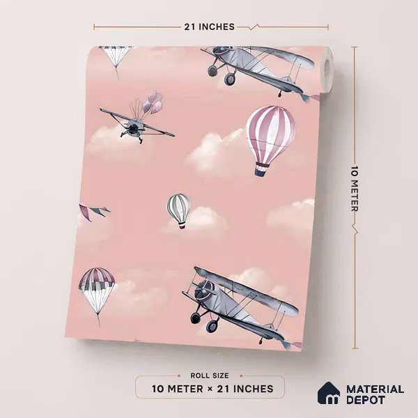 KD4012-3 | Blush Pink Airplane & Balloon Non Woven Kids Room Wallpaper - 10 Meter x 21 Inches, 57.41 Sq. Ft. (Min. 15% Wastage)