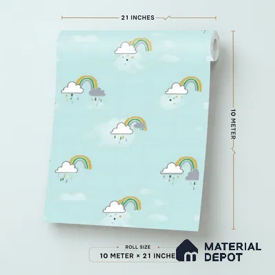KD4030-2 | Mint Green Cloud & Rainbow Non Woven Kids Room Wallpaper - 10 Meter x 21 Inches, 57.41 Sq. Ft. (Min. 15% Wastage)