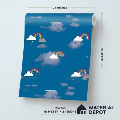 KD4030-3 | Navy Blue Cloud & Rainbow Non Woven Kids Room Wallpaper - 10 Meter x 21 Inches, 57.41 Sq. Ft. (Min. 15% Wastage)