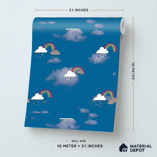 KD4030-3 | Navy Blue Cloud & Rainbow Non Woven Kids Room Wallpaper - 10 Meter x 21 Inches, 57.41 Sq. Ft. (Min. 15% Wastage)