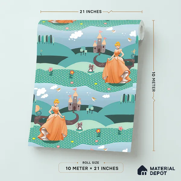 KD4040-2 | Teal Green Multicolour Fairytale Princess Kids Look Wallpaper 10 Meter x 21 Inches - 57.41 Sq. Ft. | Minimum 15% wastage during installation