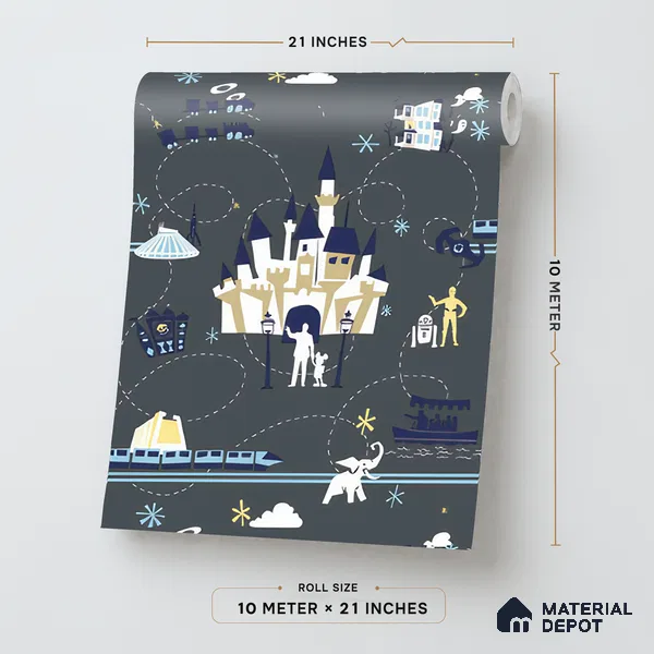 KD4090-4 | Navy Multicolour Night Village Non Woven Kids Room Wallpaper - 10 Meter x 21 Inches, 57.41 Sq. Ft. (Min. 15% Wastage)