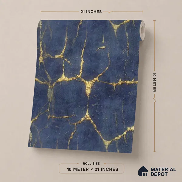 WK25-2509 | Navy & Gold Crackle Plaster Patterned Wallpaper - 10 Meter x 21 Inches, 57.41 Sq. Ft. (Min. 15% Wastage)