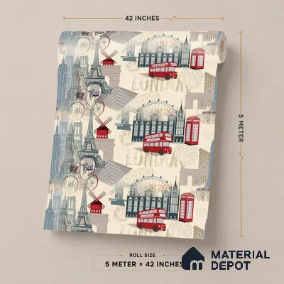 5129-1 | London City Icons Border PVC Patterned Wallpaper - 5 Meter x 42 Inch, 57 Sq. Ft. (Min. 15% Wastage)