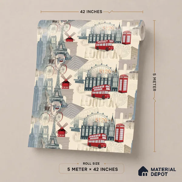 5129-1 | London City Icons Border PVC Patterned Wallpaper - 5 Meter x 42 Inch, 57 Sq. Ft. (Min. 15% Wastage)