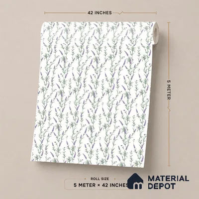70250-1 | White Lavender Sprigs PVC Floral Wallpaper - 5 Meter x 42 Inch, 57 Sq. Ft. (Min. 15% Wastage)
