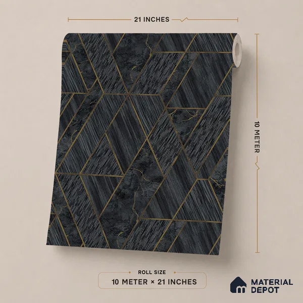 ST021002 | Charcoal Gold Diamond Facet PVC Geometric Wallpaper - 10.05 Meter x 20.86 Inches, 57.33 Sq. Ft. (Min. 15% Wastage)