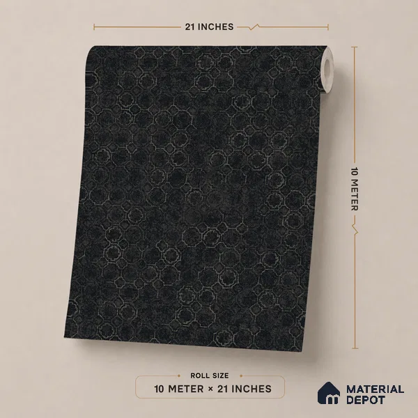 ST021051 | Black Floral Medallion Scatter PVC Patterned Wallpaper - 10.05 Meter x 20.86 Inches, 57.33 Sq. Ft. (Min. 15% Wastage)