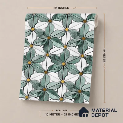 FE501-1 | Teal & White Floral Tile Mosaic PVC Patterned Wallpaper - 10 Meter x 21 Inch, 57 Sq. Ft. (Min. 15% Wastage)