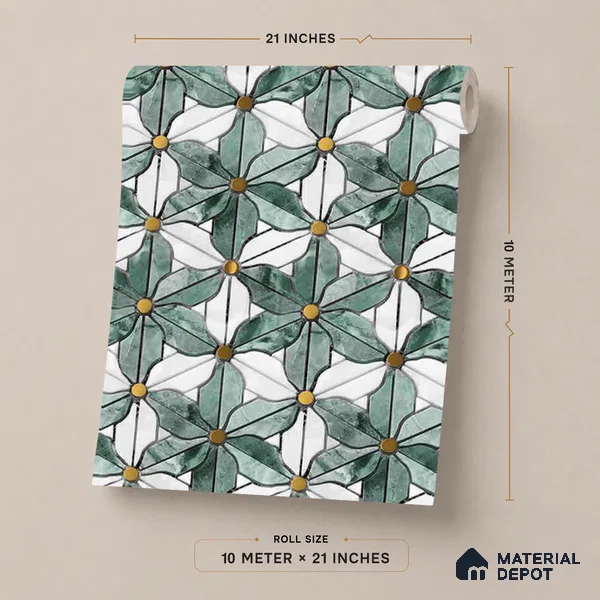 FE501-1 | Teal & White Floral Tile Mosaic PVC Patterned Wallpaper - 10 Meter x 21 Inch, 57 Sq. Ft. (Min. 15% Wastage)