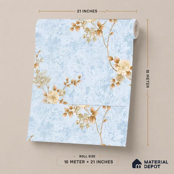 FE508-2 | Ice Blue Gold Blossom PVC Floral Wallpaper - 10 Meter x 21 Inch, 57 Sq. Ft. (Min. 15% Wastage)