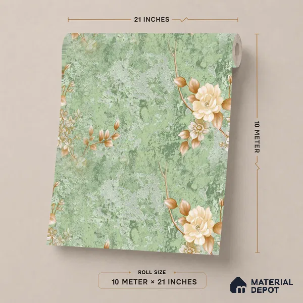 FE508-3 | Moss Green Peach Bloom PVC Floral Wallpaper - 10 Meter x 21 Inch, 57 Sq. Ft. (Min. 15% Wastage)