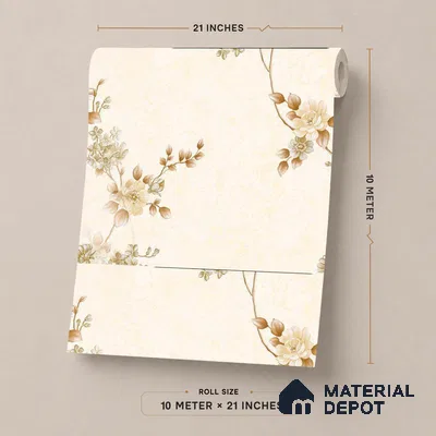 FE508-5 | Ivory Gold Blossom Sprig PVC Floral Wallpaper - 10 Meter x 21 Inch, 57 Sq. Ft. (Min. 15% Wastage)