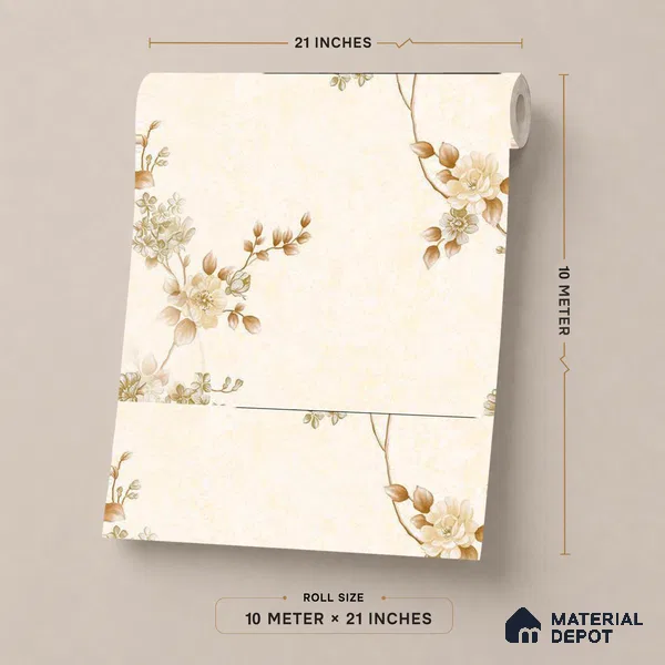 FE508-5 | Ivory Gold Blossom Sprig PVC Floral Wallpaper - 10 Meter x 21 Inch, 57 Sq. Ft. (Min. 15% Wastage)