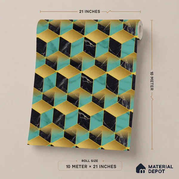 FE510-2 | Teal Cube Marble PVC Geometric Wallpaper - 10 Meter x 21 Inch, 57 Sq. Ft. (Min. 15% Wastage)