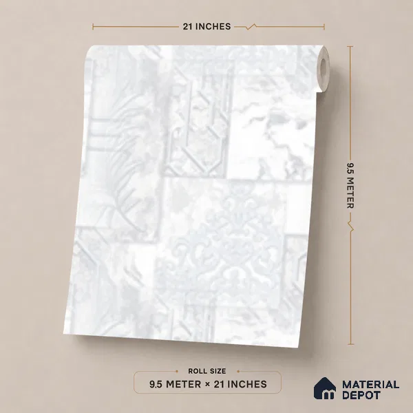 AA101008 | White & Silver Marble Deco Panel PVC Patterned Wallpaper - 9.5 Meter x 21 Inch, 55 Sq. Ft. (Min. 15% Wastage)
