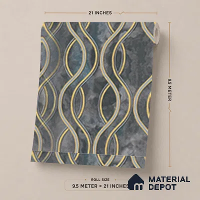 AA100903 | Charcoal & Gold Wavy Ribbon Marble PVC Patterned Wallpaper - 9.5 Meter x 21 Inch, 55 Sq. Ft. (Min. 15% Wastage)