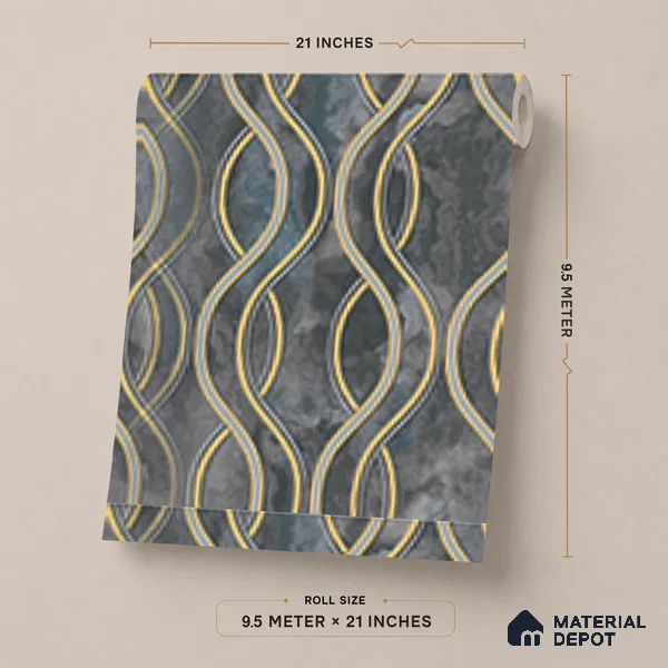 AA100903 | Charcoal & Gold Wavy Ribbon Marble PVC Patterned Wallpaper - 9.5 Meter x 21 Inch, 55 Sq. Ft. (Min. 15% Wastage)