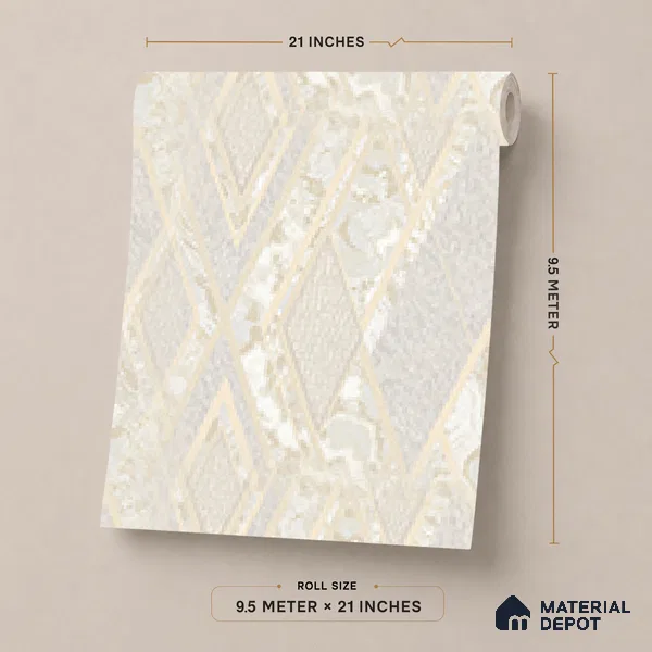AA100102 | Ivory Marble Diamond Trellis PVC Geometric Wallpaper - 9.5 Meter x 21 Inch, 55 Sq. Ft. (Min. 15% Wastage)