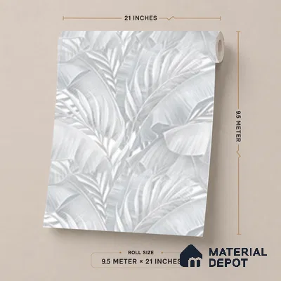 AA100208 | Grey Palm Leaf PVC Floral Wallpaper - 9.5 Meter x 21 Inch, 55 Sq. Ft. (Min. 15% Wastage)