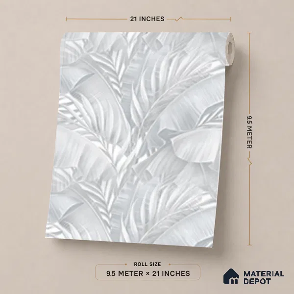AA100208 | Grey Palm Leaf PVC Floral Wallpaper - 9.5 Meter x 21 Inch, 55 Sq. Ft. (Min. 15% Wastage)